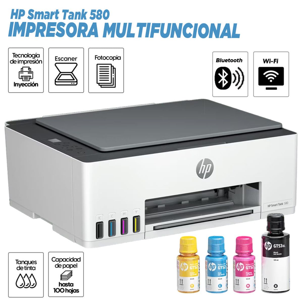 HP - Impresora Hp Smart Tank 580 Multifuncional Con Wifi Bluetooth