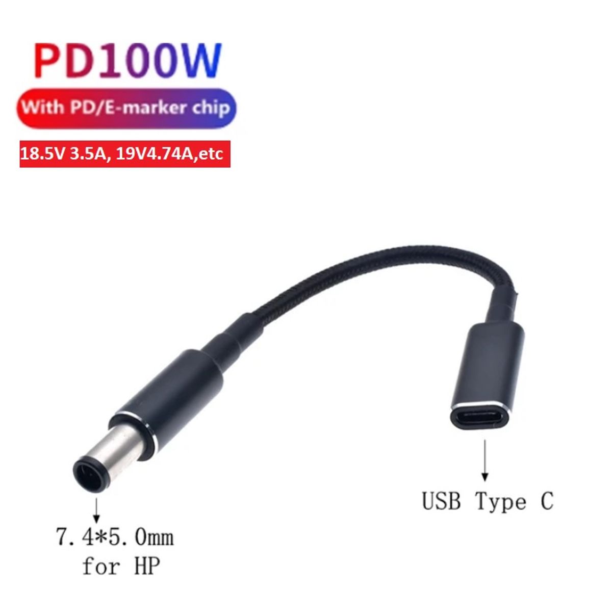 GENERICO - Cargador para HP - Adaptador Tipo C - Punta Negra - Chip PD y E-mark