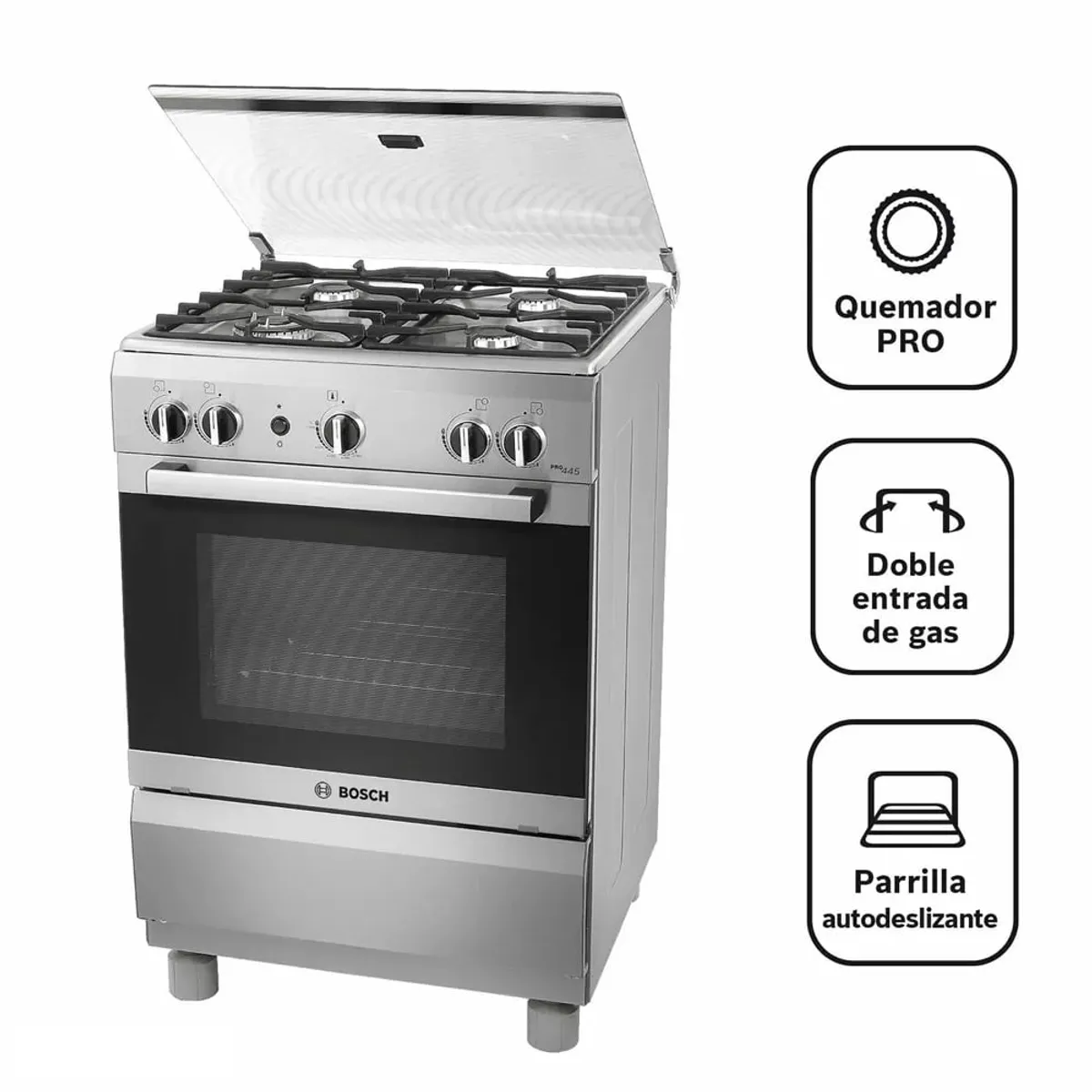 BOSCH - Cocina Bosch PRO445 IX a Gas de Pie 24" 4 Quemadores Acero