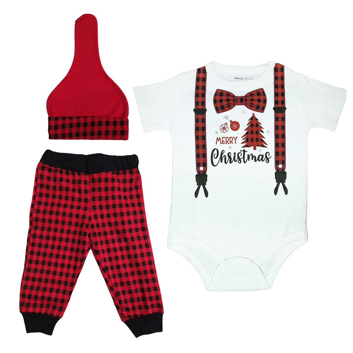 GENERICO - Conjunto Navideño A Rayas Blanco Rojo de Algodón Pima Navidad