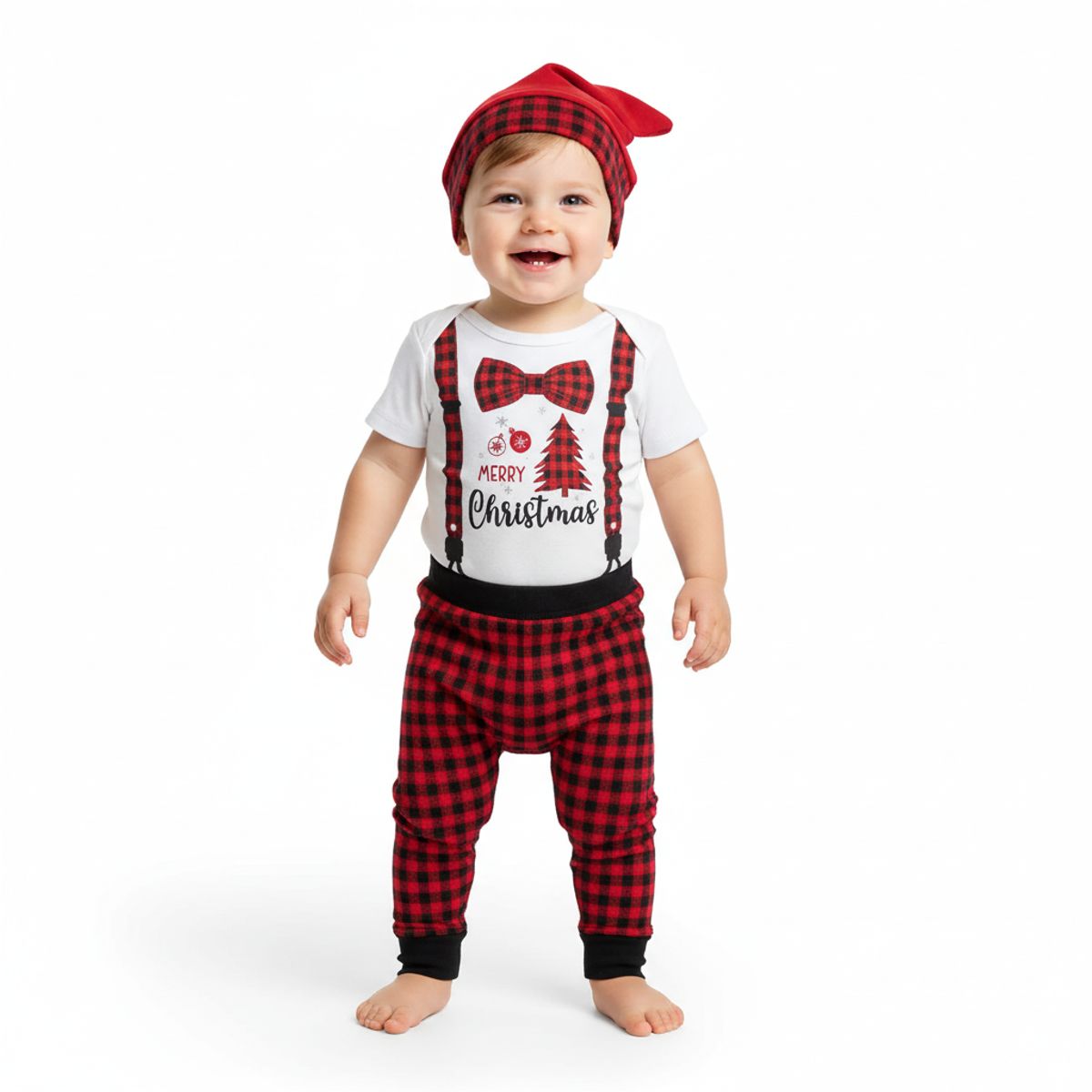 GENERICO - Conjunto Navideño A Rayas Blanco Rojo de Algodón Pima Navidad