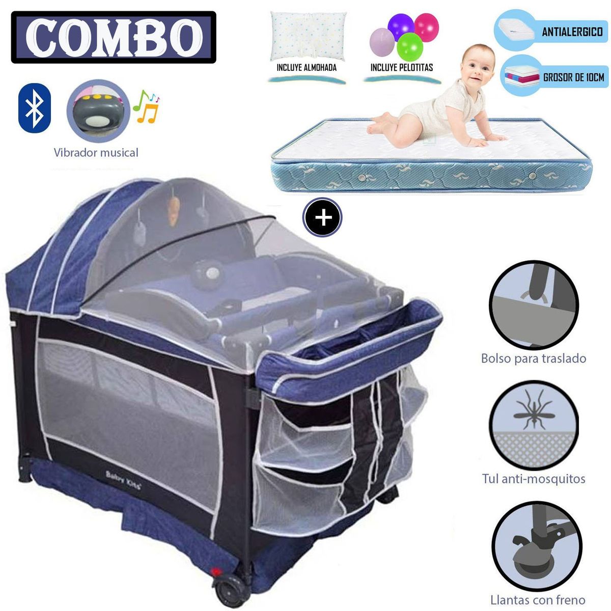 BABY KITS - Cuna Corral Baby Kits Verona Azul+ Colchón 4 " Celeste