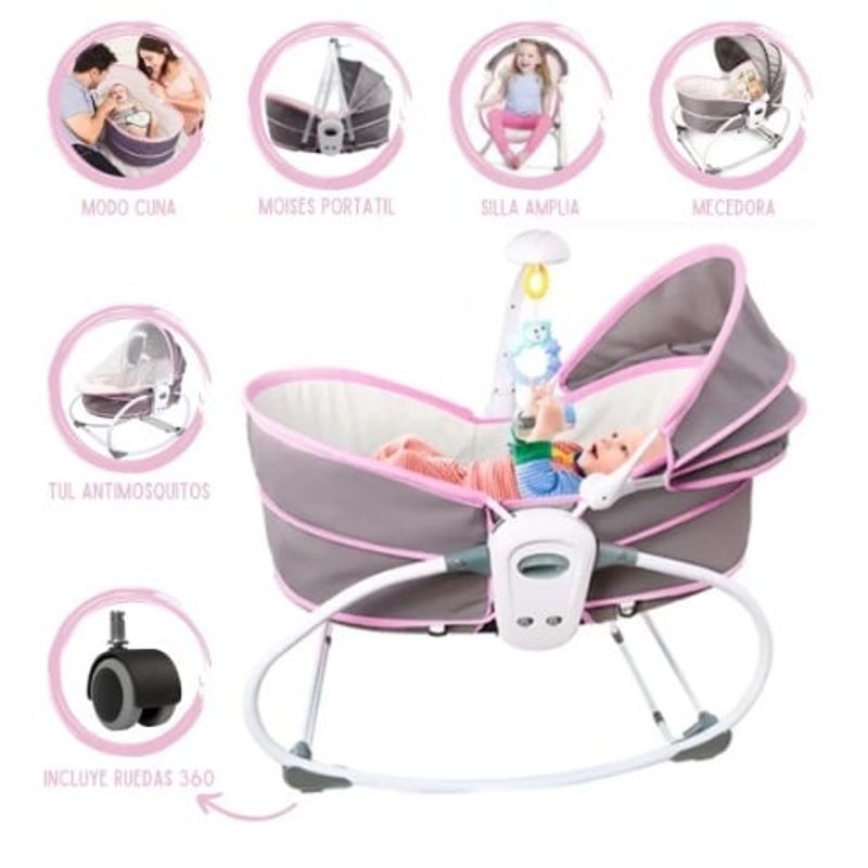 GENERICO - SILLA MECEDORA PARA BEBE 6 EN 1 - ROSADO / GRIS
