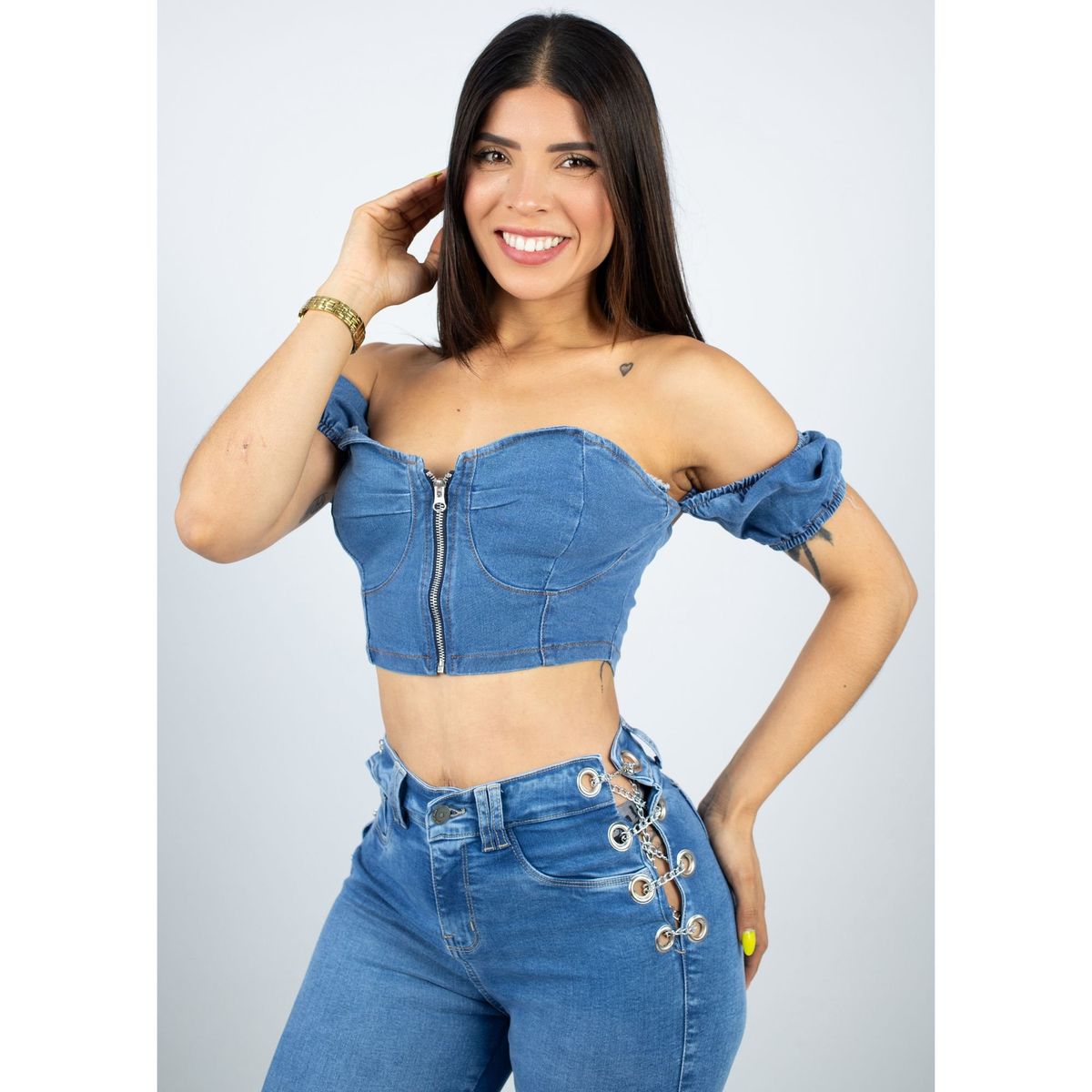 BENCUS JEANS - Top Corto Jeans Mujer Cierre