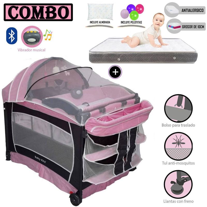 BABY KITS - Cuna Corral Baby Kits Verona Rosado+ Colchón 4 " Gris