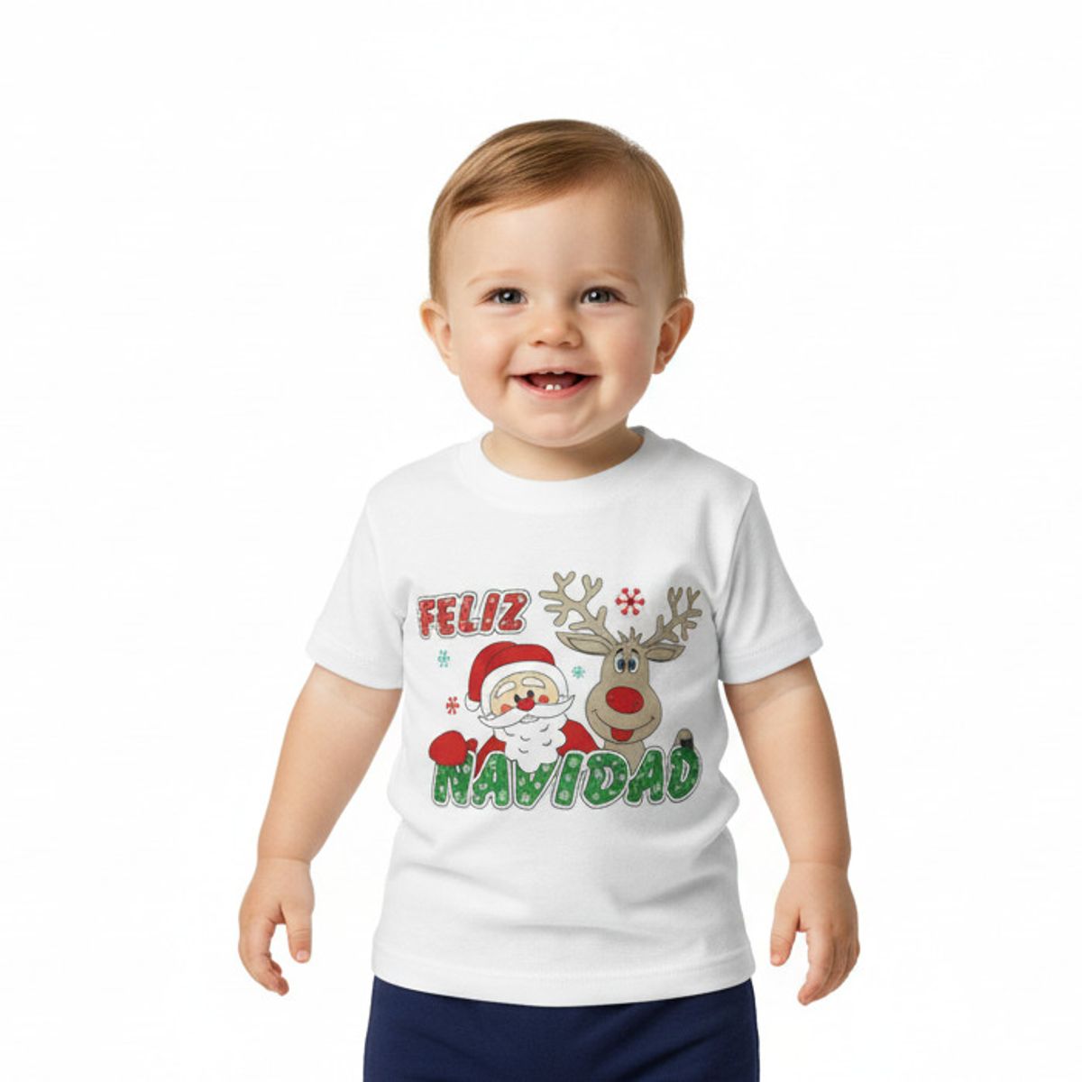 GENERICO - Polo Algodón Pima Navideño Papa Noel y Reno Blanco Navidad