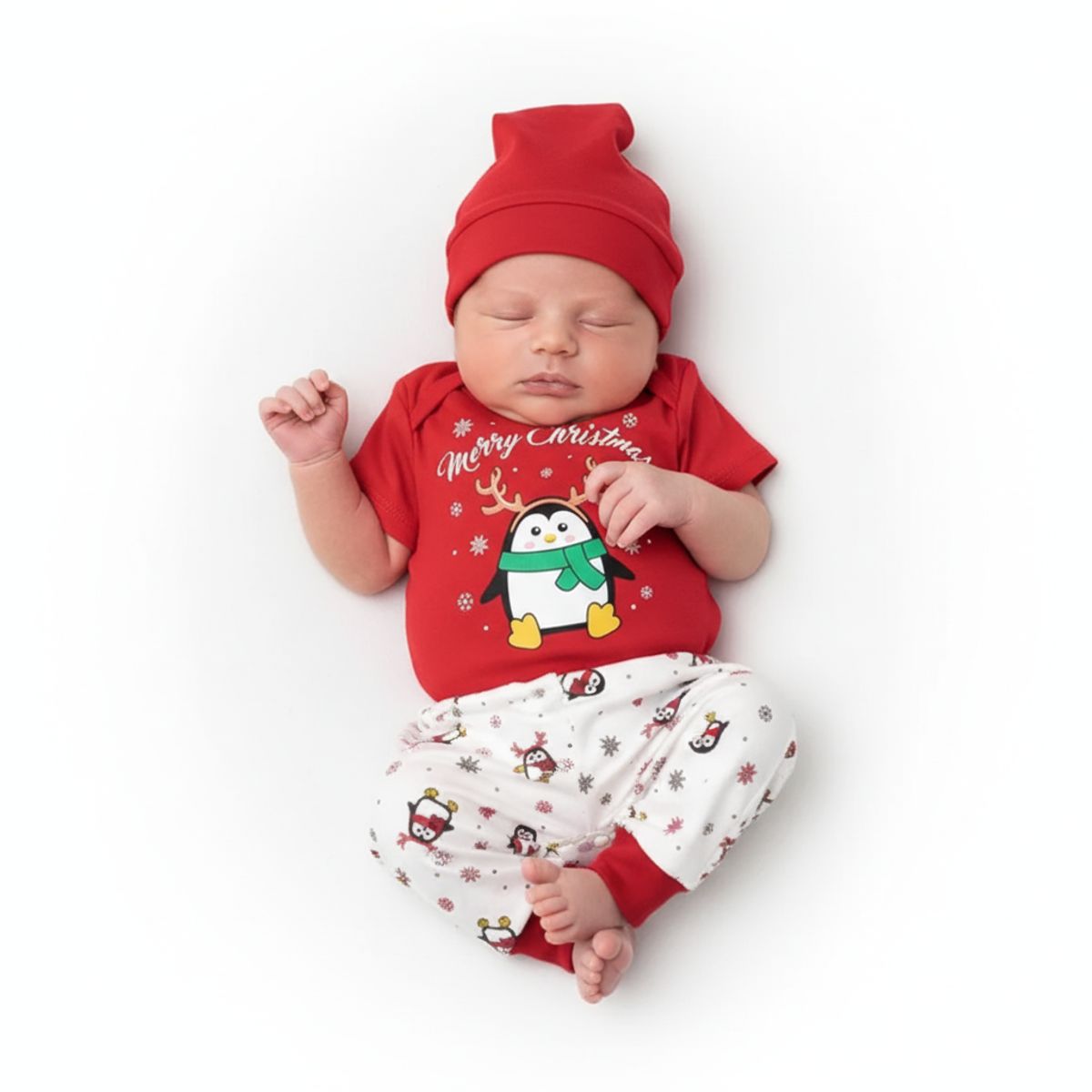 GENERICO - Conjunto Navideño Pinguino Rojo Blanco de Algodón Pima Navidad