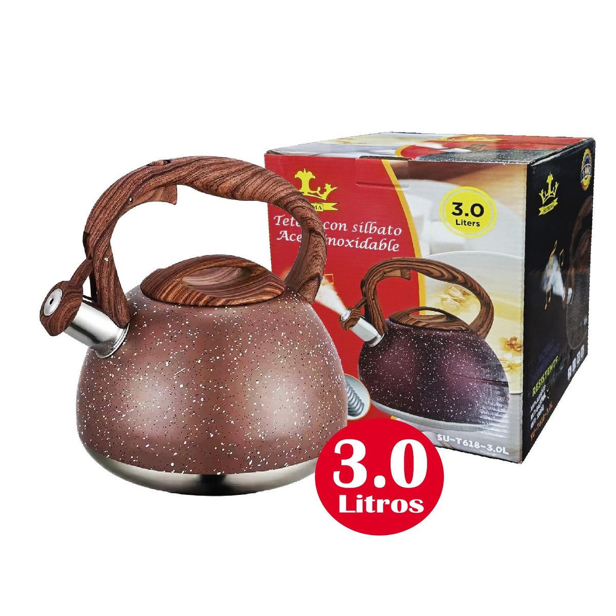 GENERICO - Tetera Suprema 3 Litros Granito con Acero Inoxidable 18/10 Café