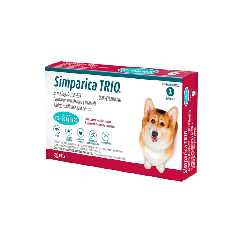 ZOETIS - SIMPARICA TRIO 24 MG BLUE 10 A 20 KG X3TAB