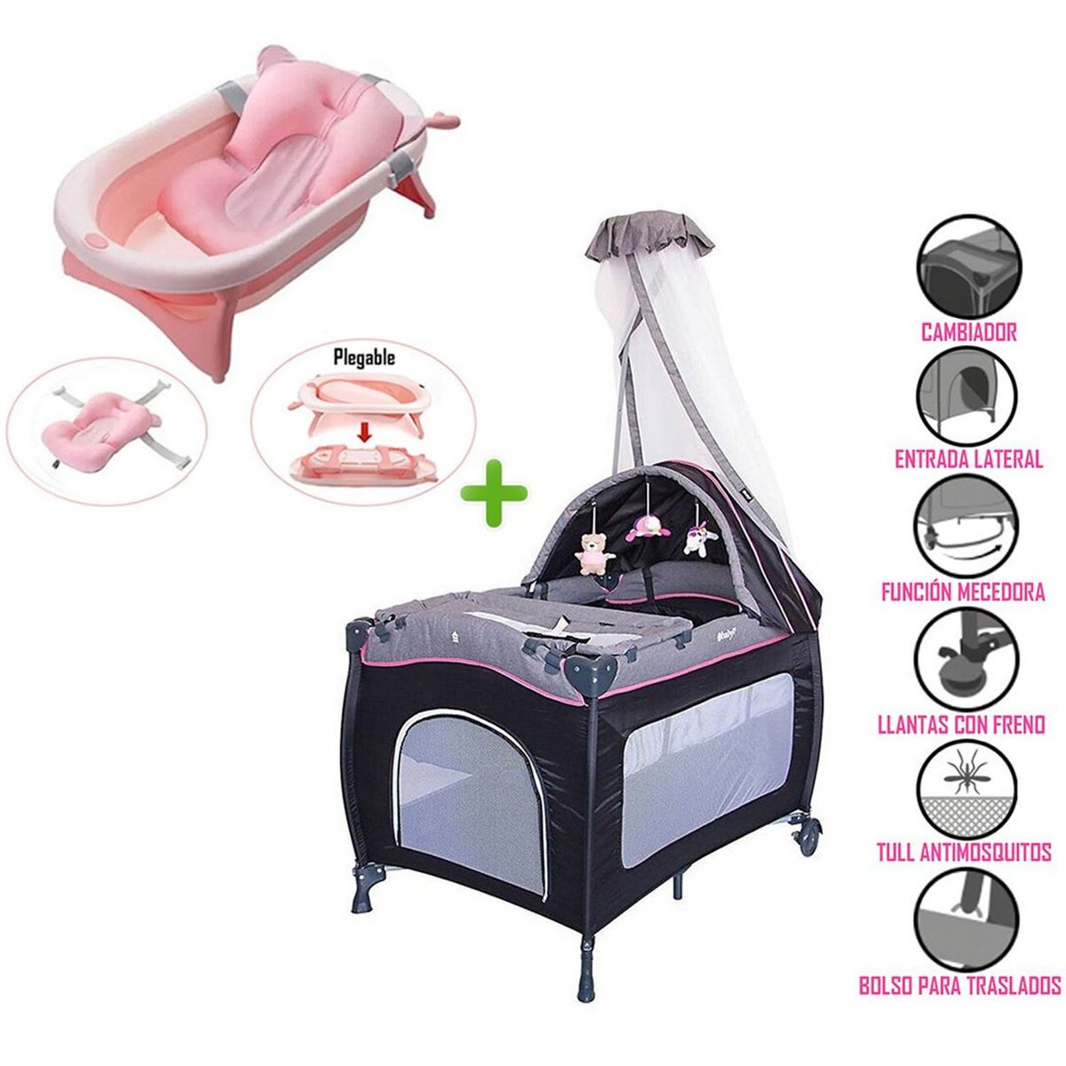 EBABY - Cuna Corral Mecedora SALLY 716 + Tina Plegable Rosado