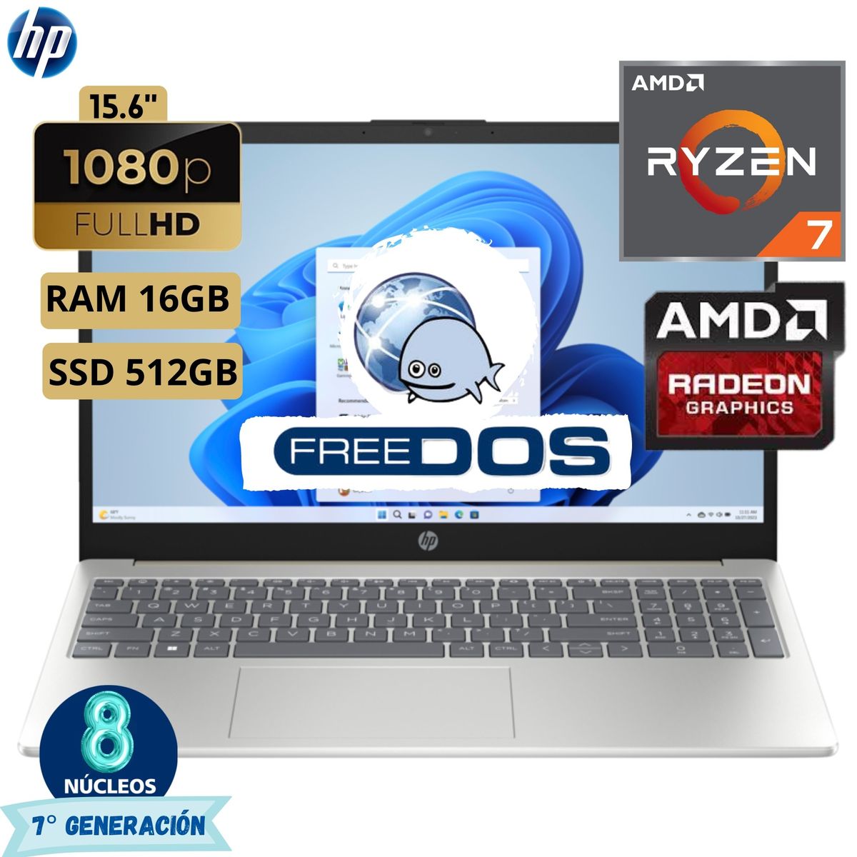 HP - Laptop Hp 15-FC0275LA Ryzen 7 - 7730U, 15.6"Fhd, Ram 16Gb, Ssd 512Gb, Free Dos