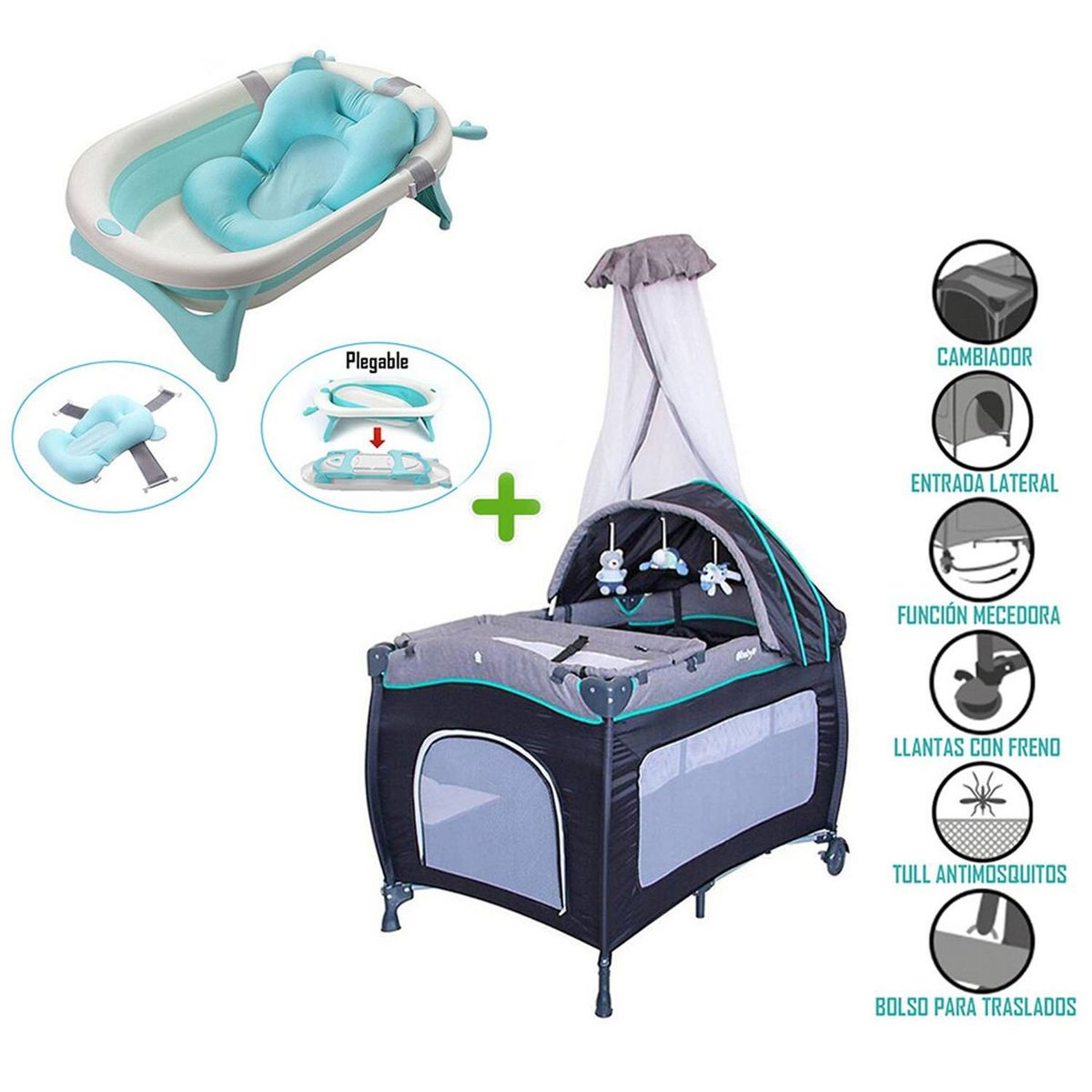 EBABY - Cuna Corral Mecedora SALLY 716 + Tina Plegable Celeste