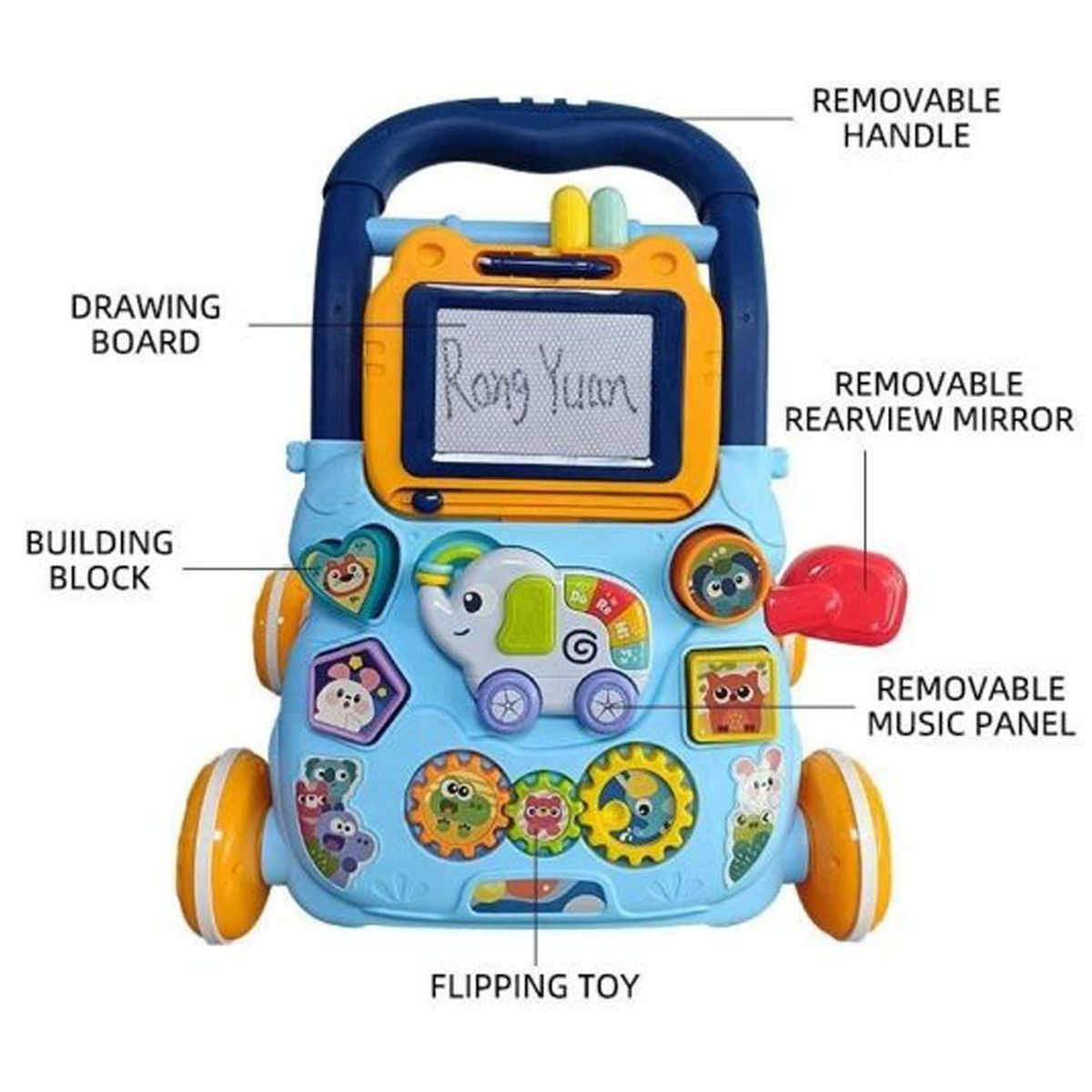 HUANGER - Caminador Musical Elefante Azul Pizarra Mágica HE0810