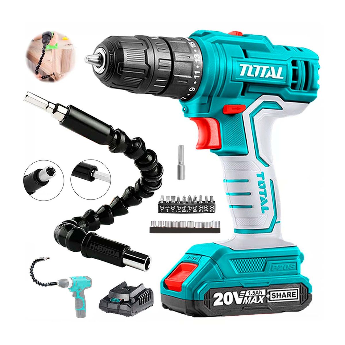 TOTAL TOOLS - TALADRO ATORNILLADOR INALÁMBRICO 38 20V TOTAL CON BATERÍA y EXTENSOR
