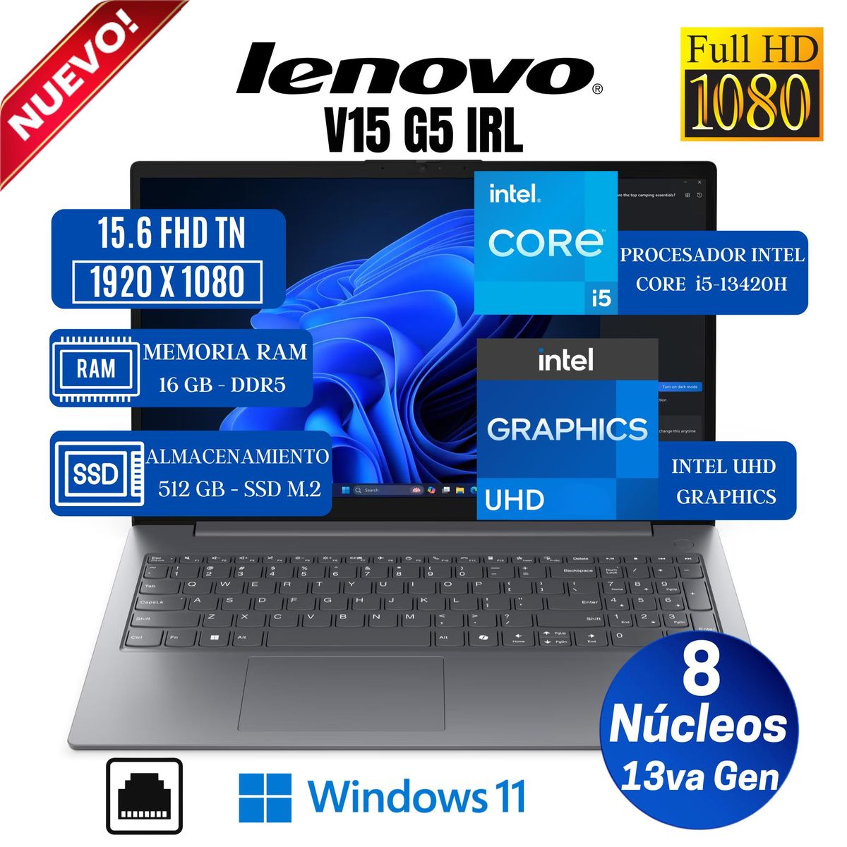 LENOVO - Laptop Lenovo V15 G5 IRL 15.6" FHD TN, Core i5-13420H, 13va Gen, Ram 16GB, Ssd 512GB, Win 11