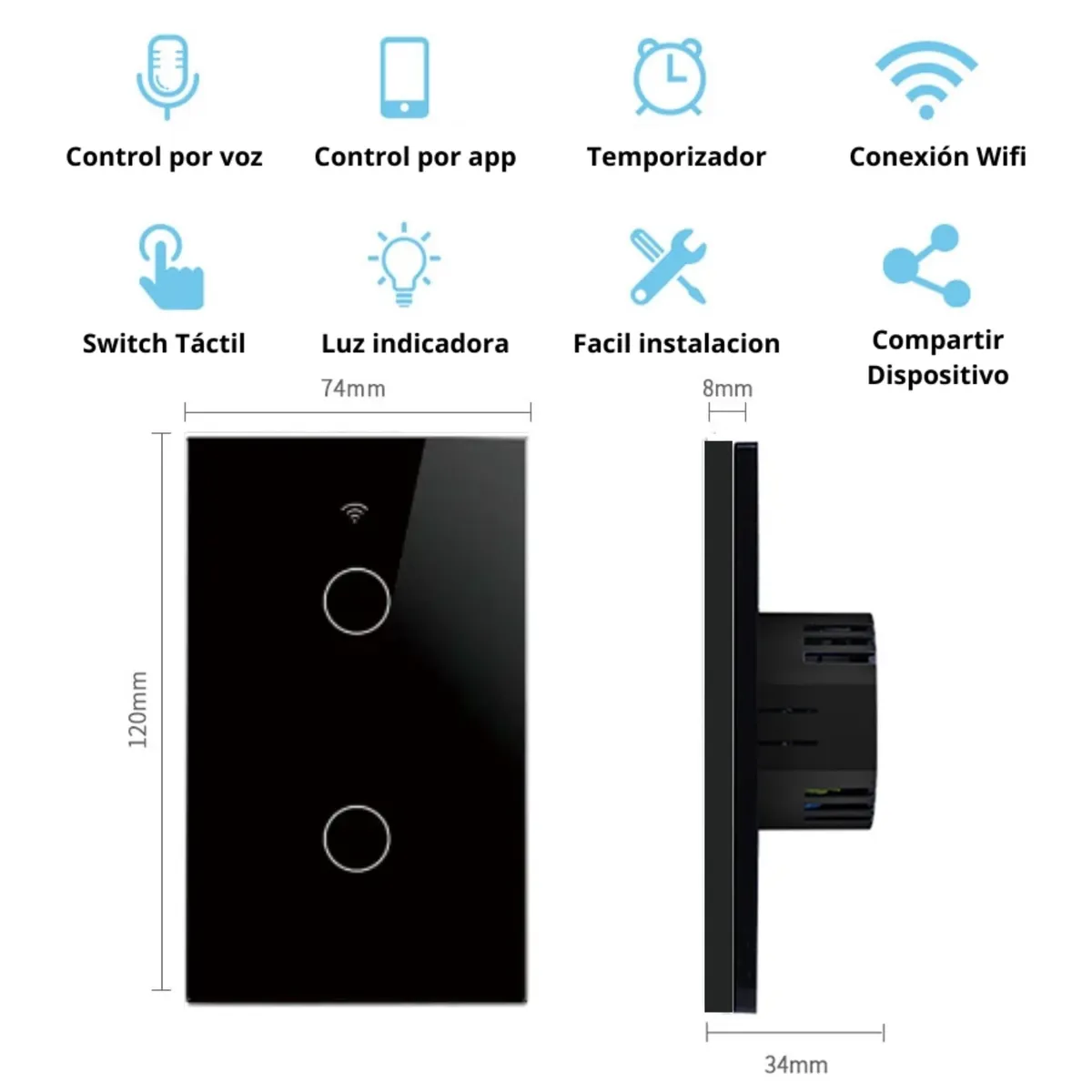 GENERICO - Interruptor Inteligente Wifi Doble Sin neutro Negro