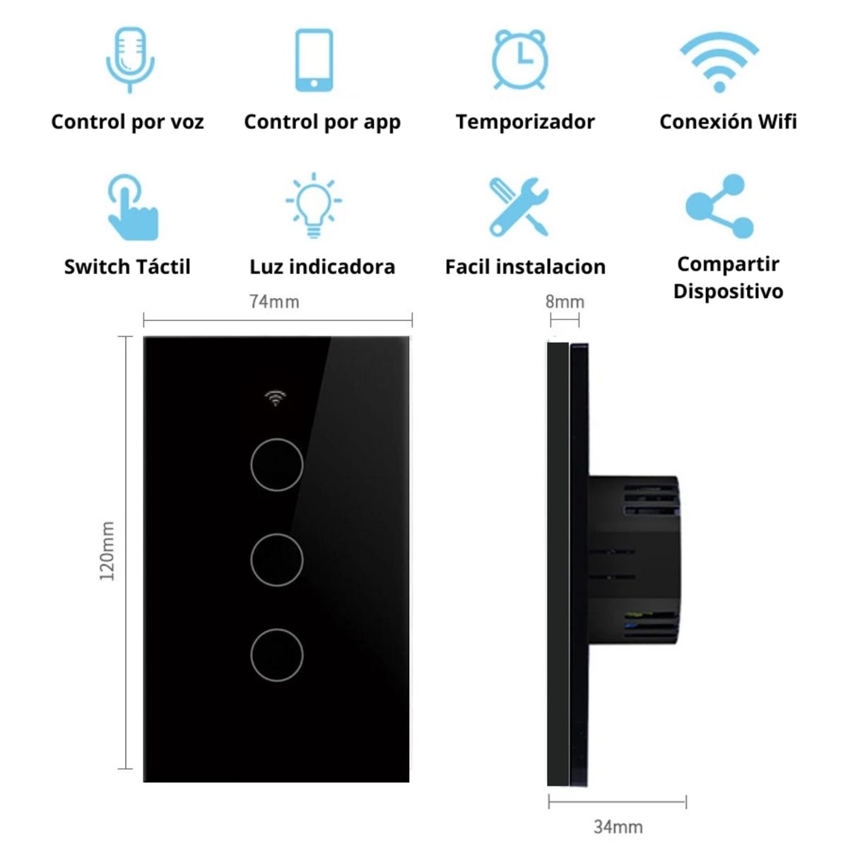 GENERICO - Interruptor Inteligente Wifi Triple sin Neutro - Negro