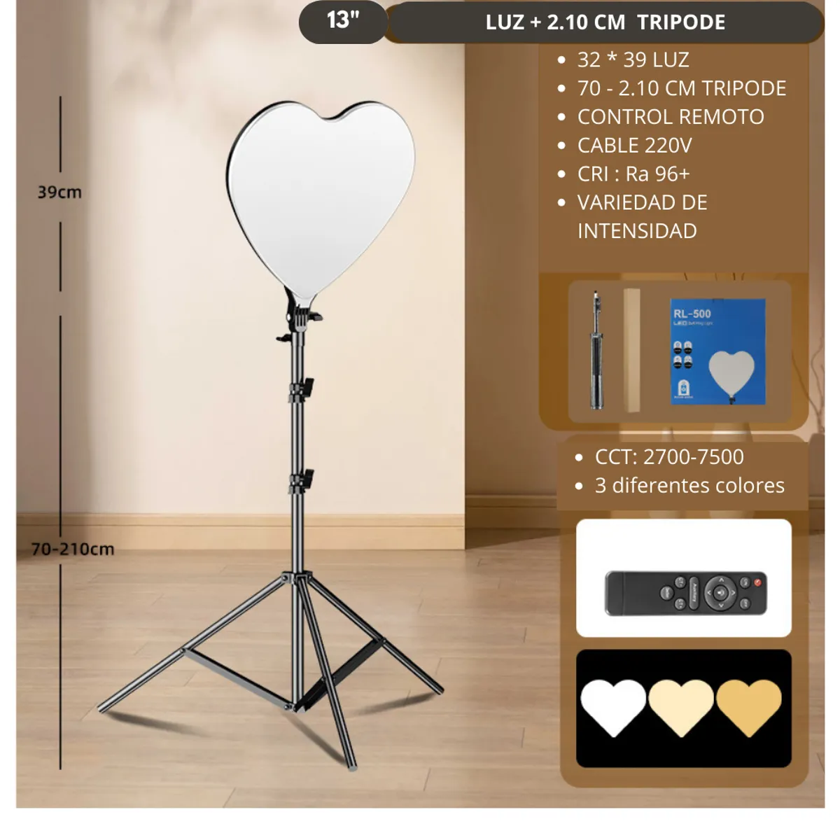 GENERICO - LUZ LED CORAZON 13" + TRIPODE 2.10 METRO + CONTROL REMOTO