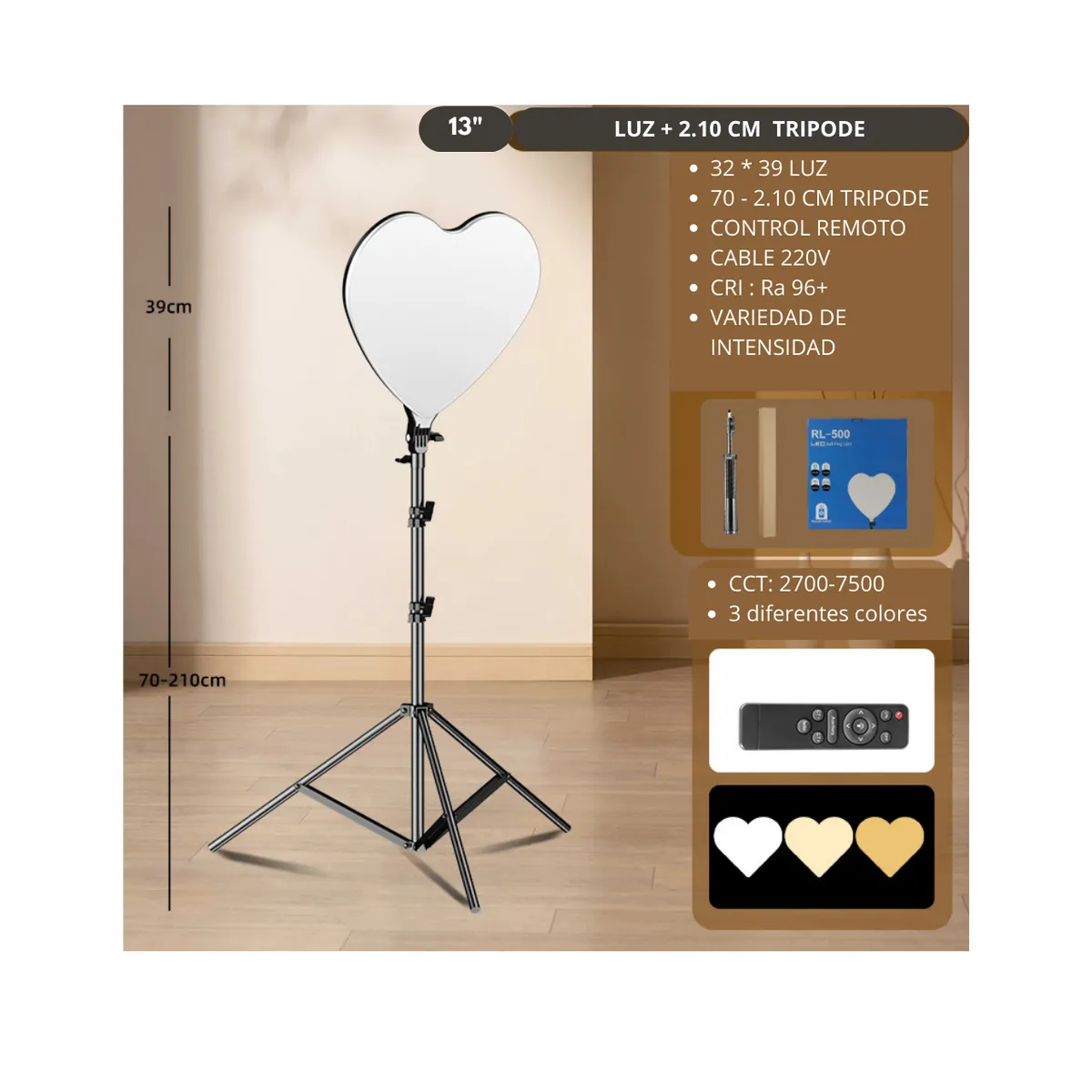 GENERICO - LUZ LED CORAZON 13" + TRIPODE 2.10 METRO + CONTROL REMOTO