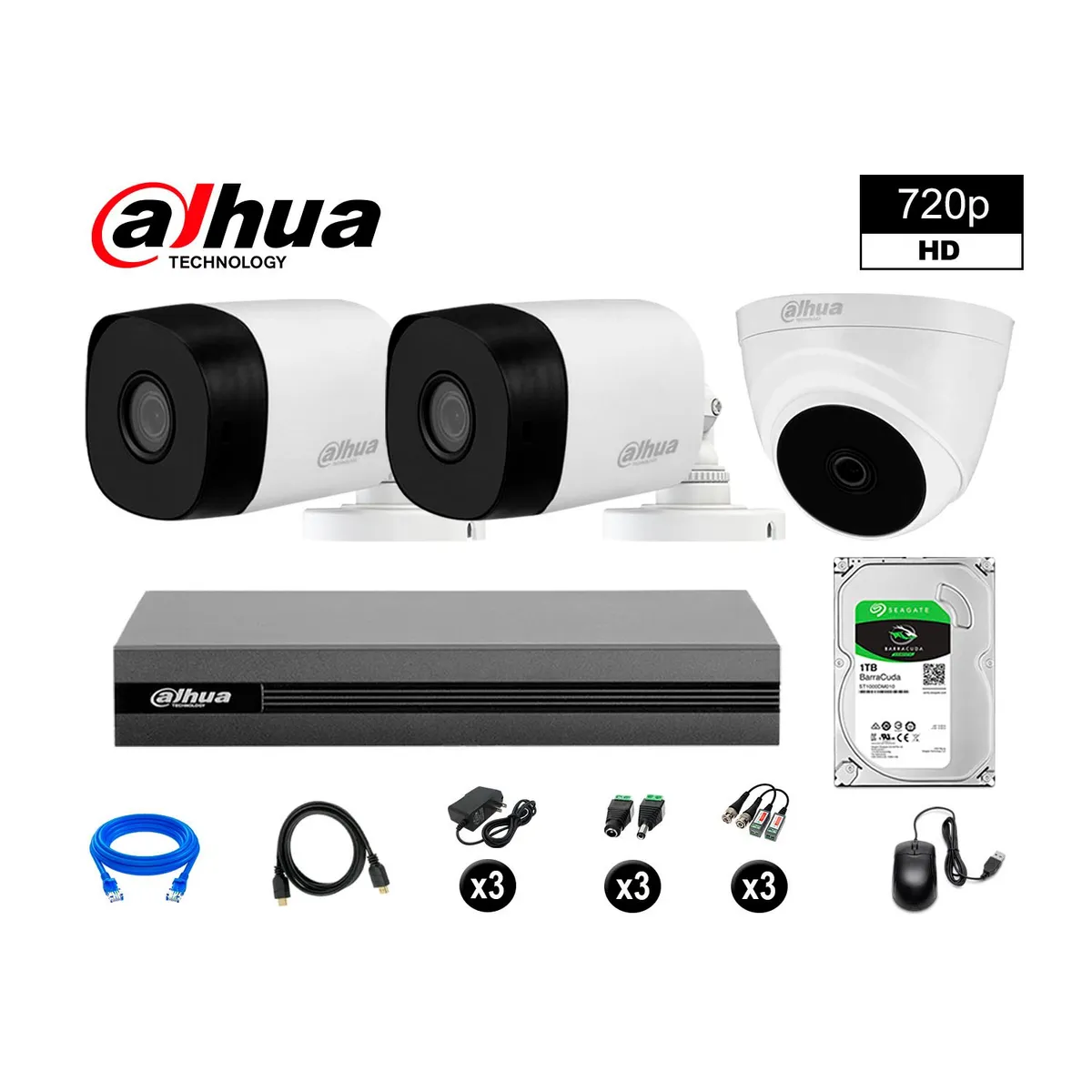 DAHUA - CÁMARAS SEGURIDAD DAHUA KIT 3 HD 720P + DISCO 1TB HDMI