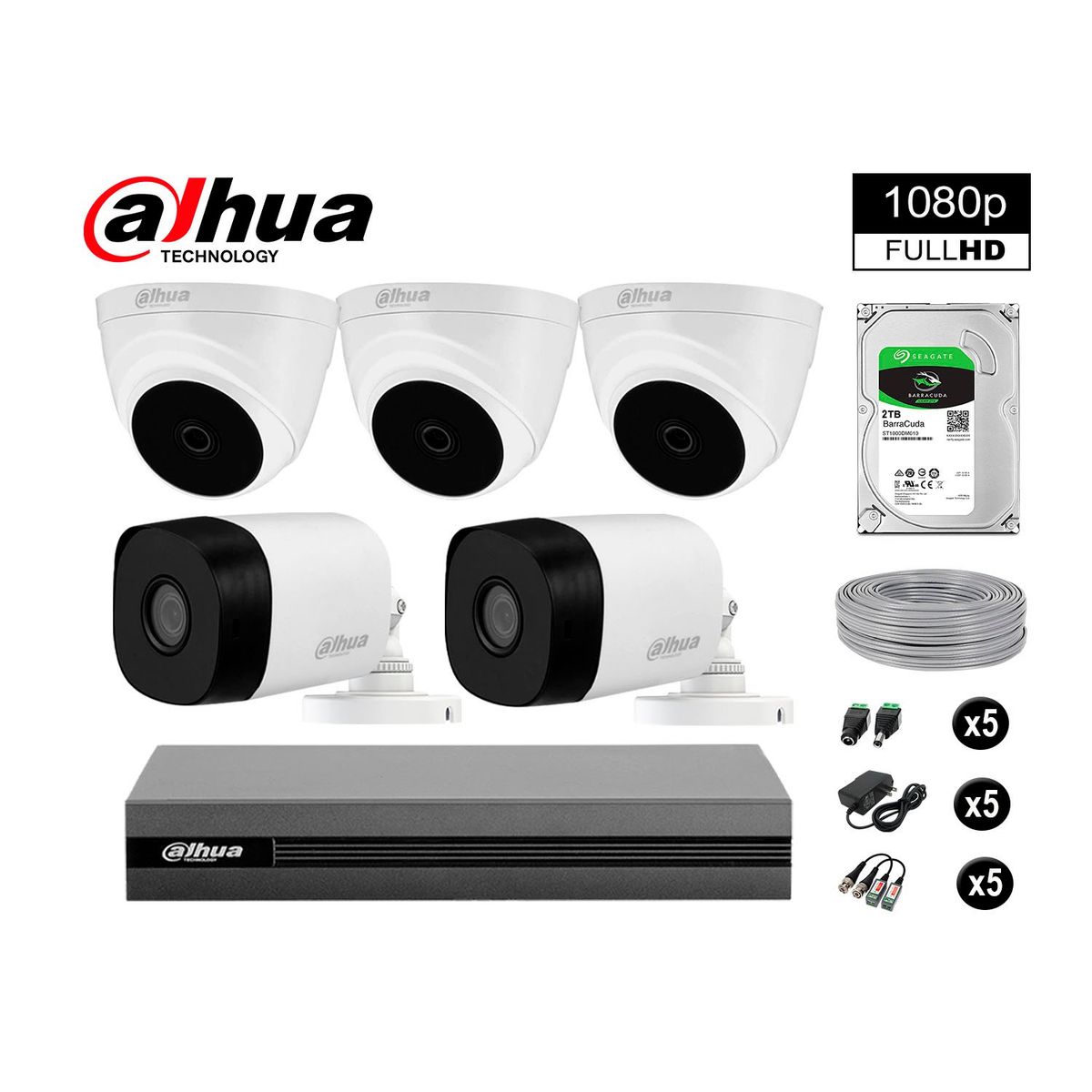 DAHUA - CÁMARAS SEGURIDAD DAHUA KIT 5 FULL HD 1080P + DISCO 2TB COMPLETO