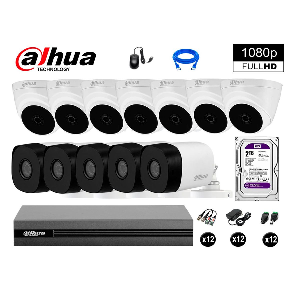 DAHUA - CÁMARAS SEGURIDAD DAHUA KIT 12 FULL HD 1080P + DISCO 2TB HDMI