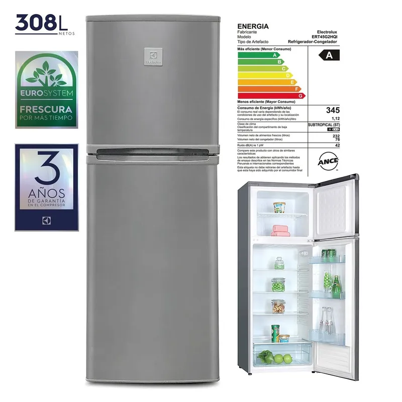 ELECTROLUX - Refrigeradora Electrolux 308 Lt Top Freezer ERT45G2HQI Silver