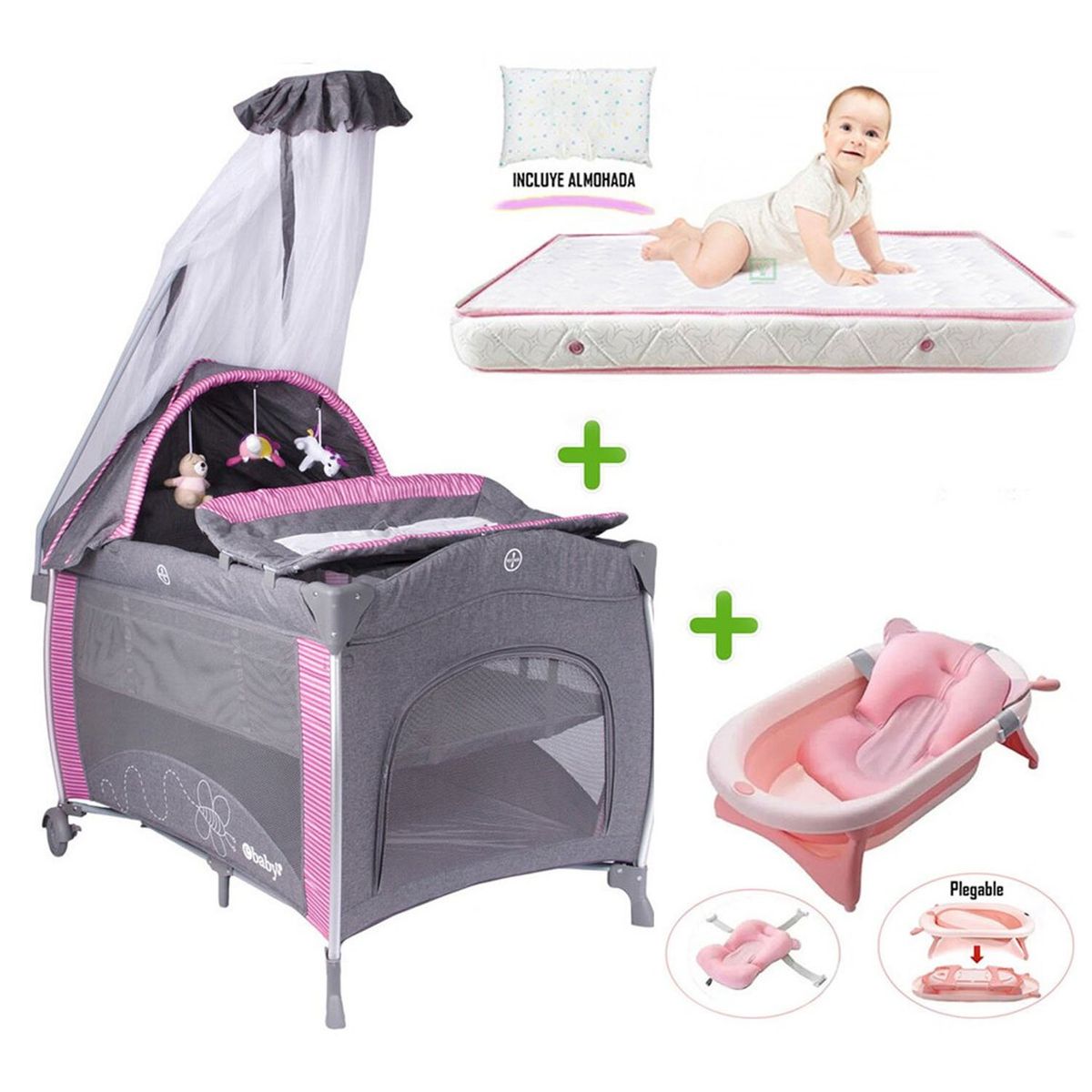 EBABY - Cuna Corral NOA 780 + Colchón 4" + Tina de Baño