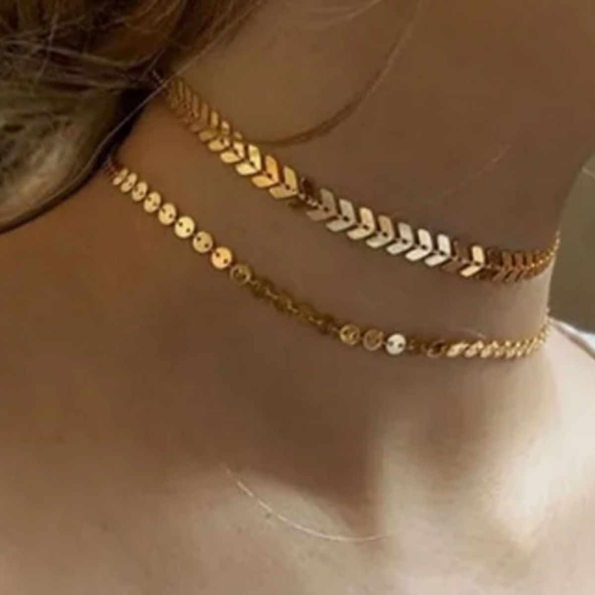 GENERICO - Gargantilla  chapada en forma de moneda de hueso de pescado 2 pcs