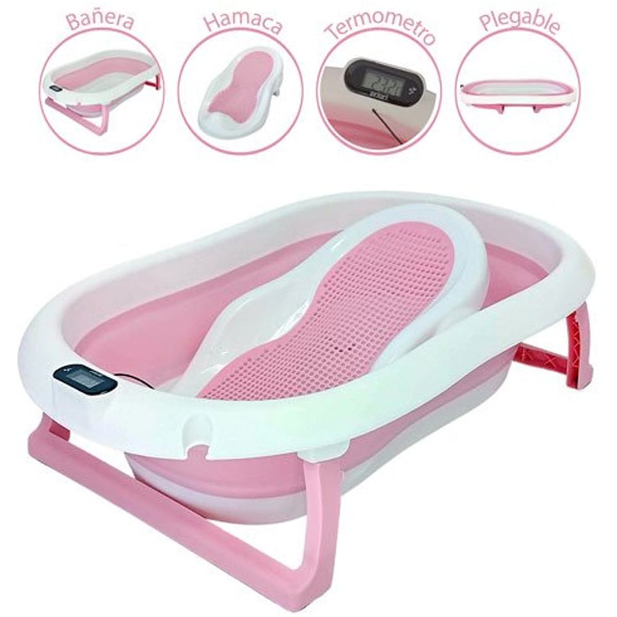 SEA HARVEST - Bañera Plegable Tina de Baño con Termómetro Digital Rosa