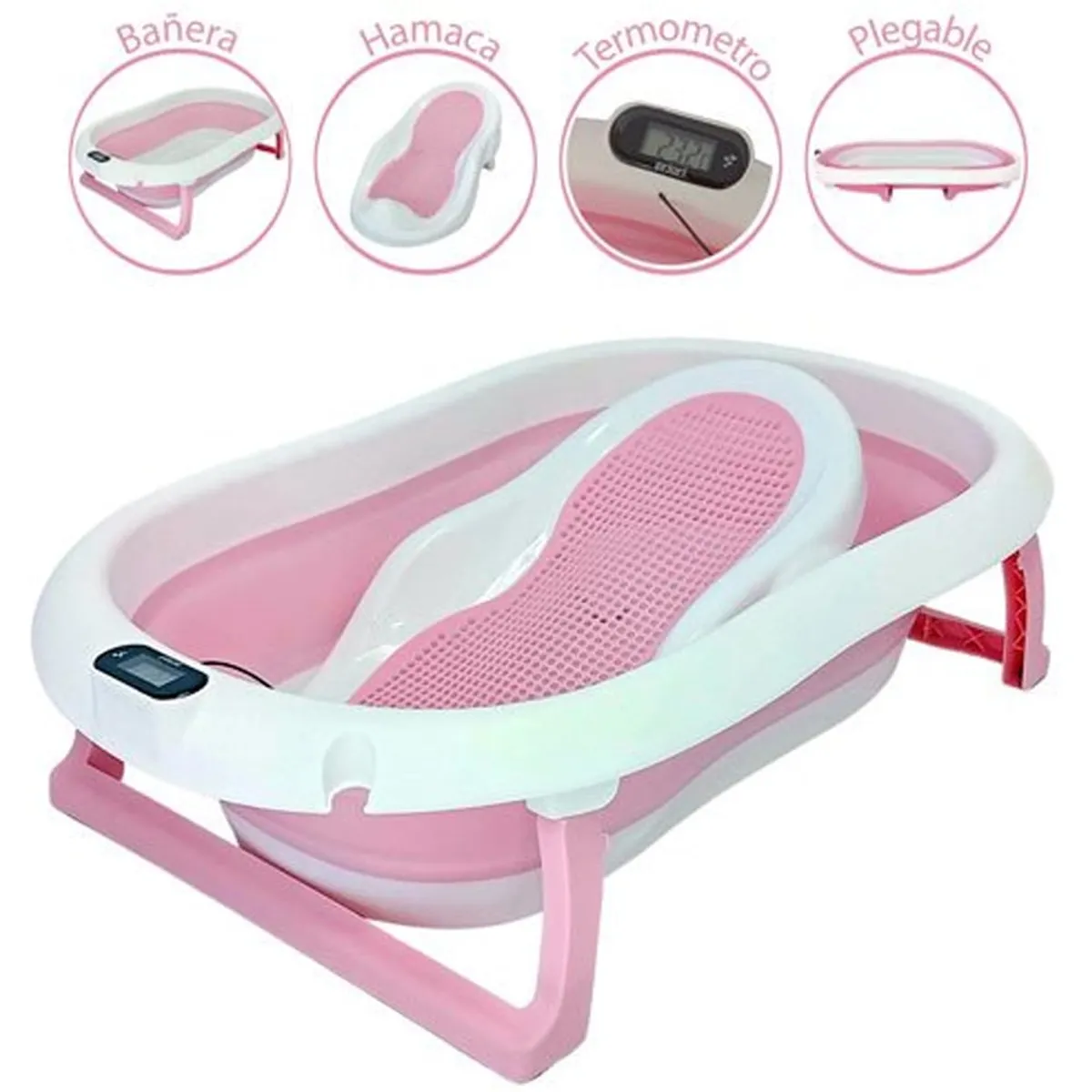 SEA HARVEST - Bañera Plegable Tina de Baño con Termómetro Digital Rosa