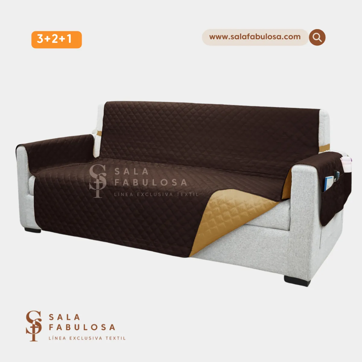 SALA FABULOSA - Protector de mueble impermeable 3-2-1 CHOCOLATE reversible CAMEL
