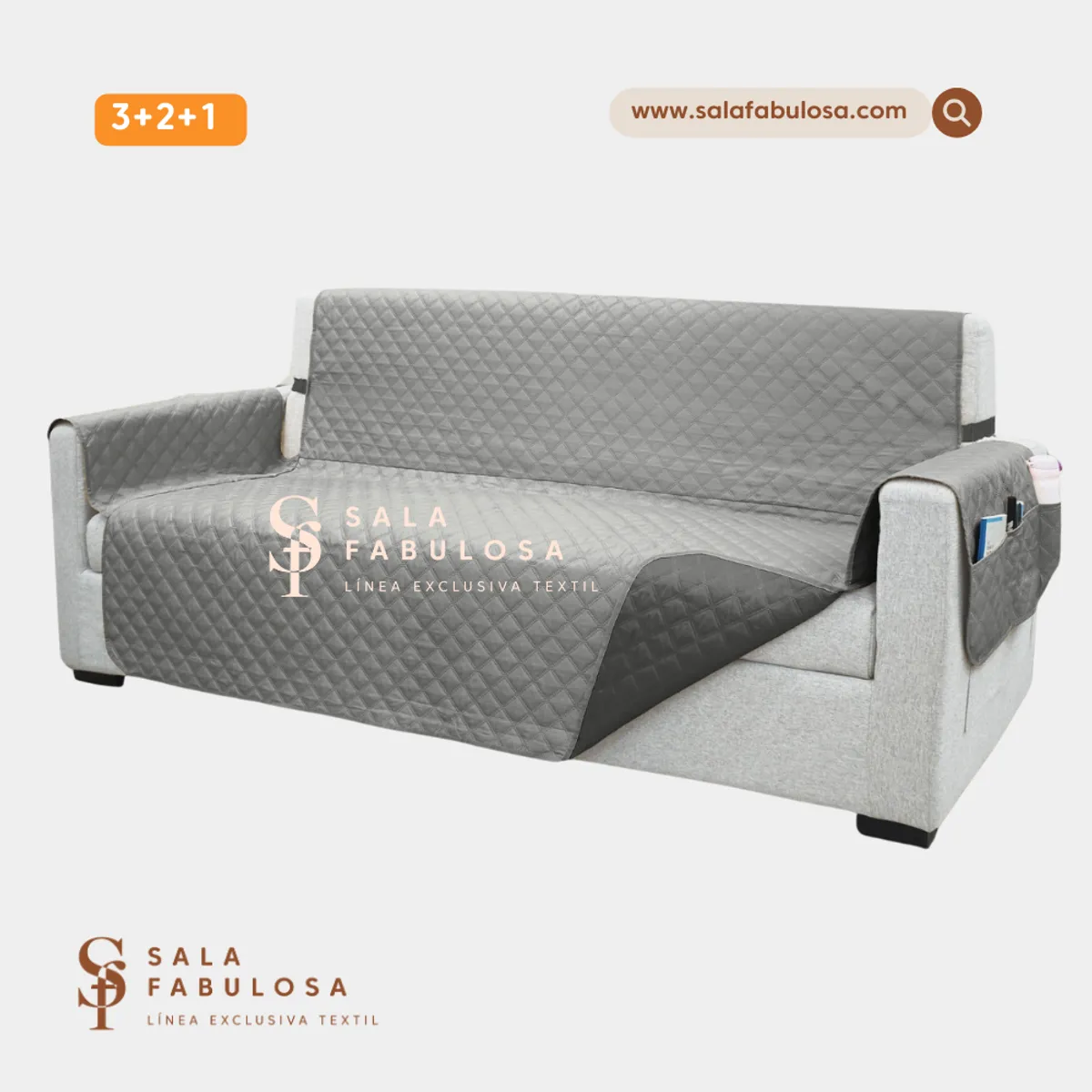 SALA FABULOSA - Protector de mueble impermeable 3-2-1 GRIS reversible PLOMO