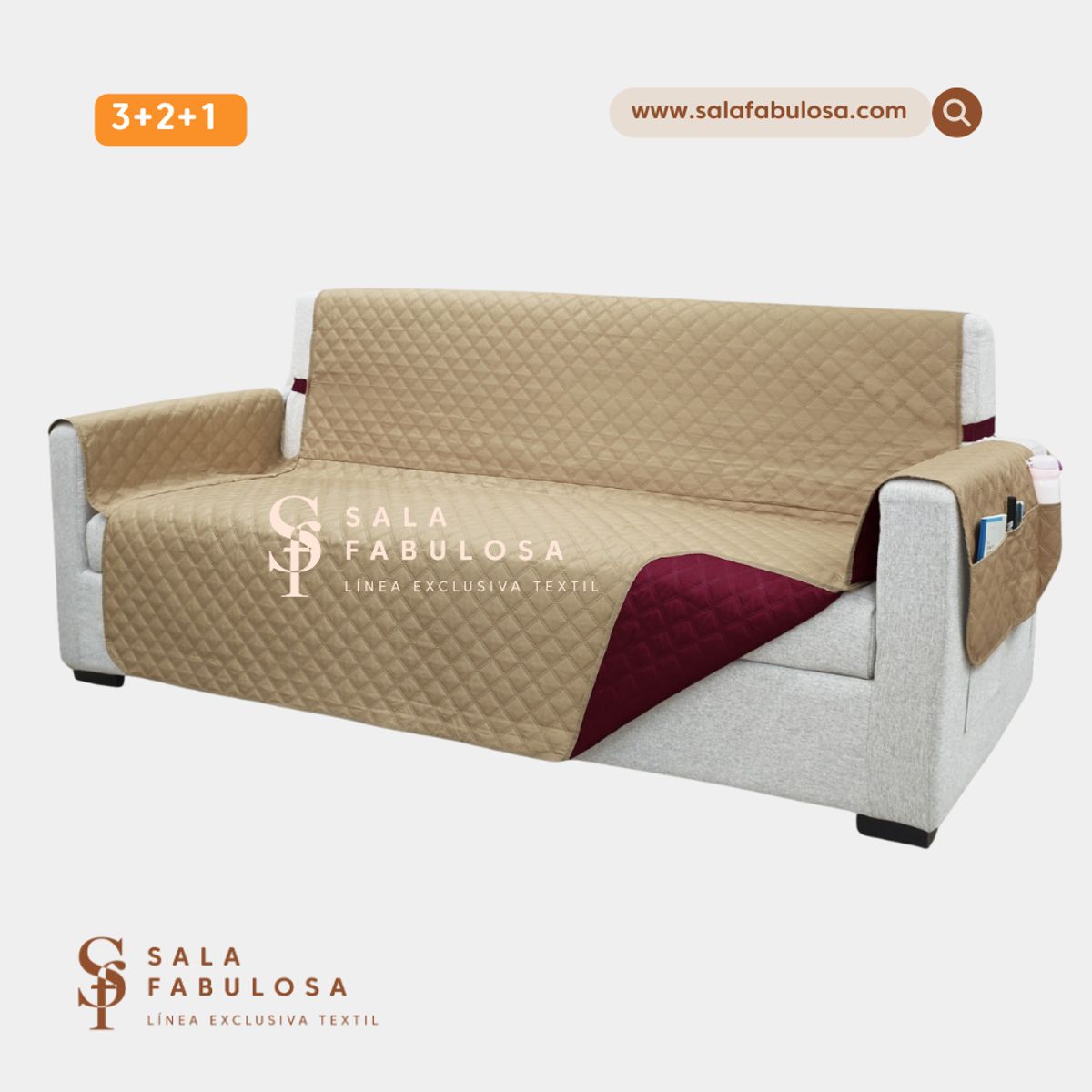 SALA FABULOSA - Protector de mueble impermeable 3-2-1 BEIGE reversible GUINDA