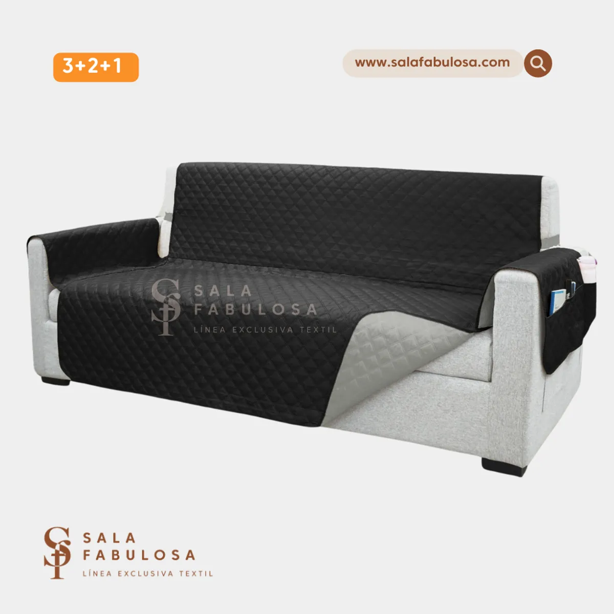 SALA FABULOSA - Protector de mueble impermeable 3-2-1 NEGRO reversible GRIS