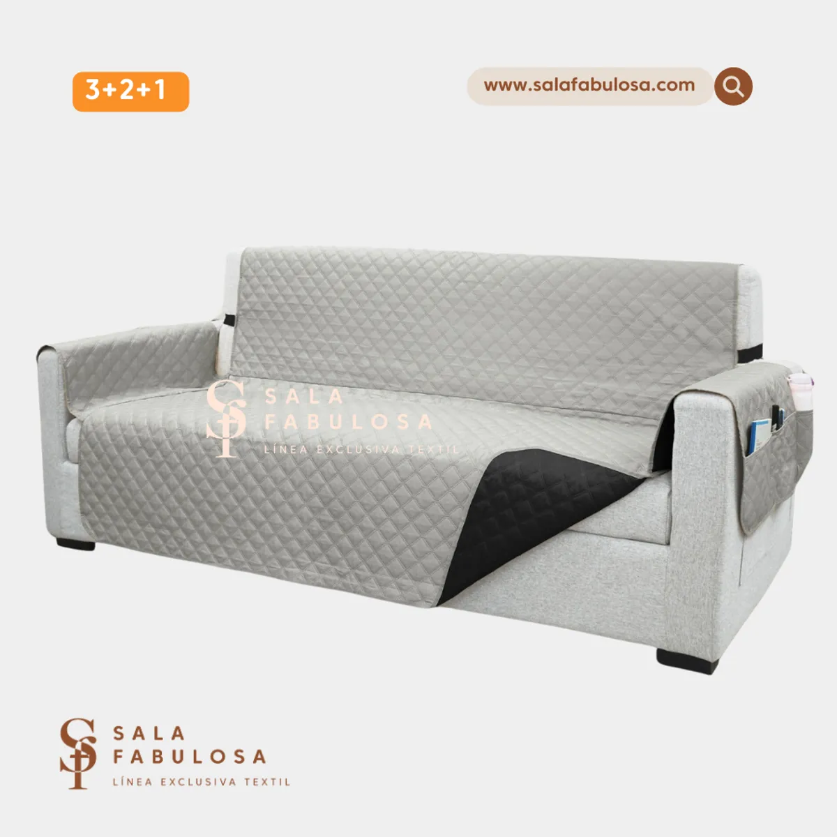 SALA FABULOSA - Protector de mueble impermeable 3-2-1 GRIS reversible NEGRO