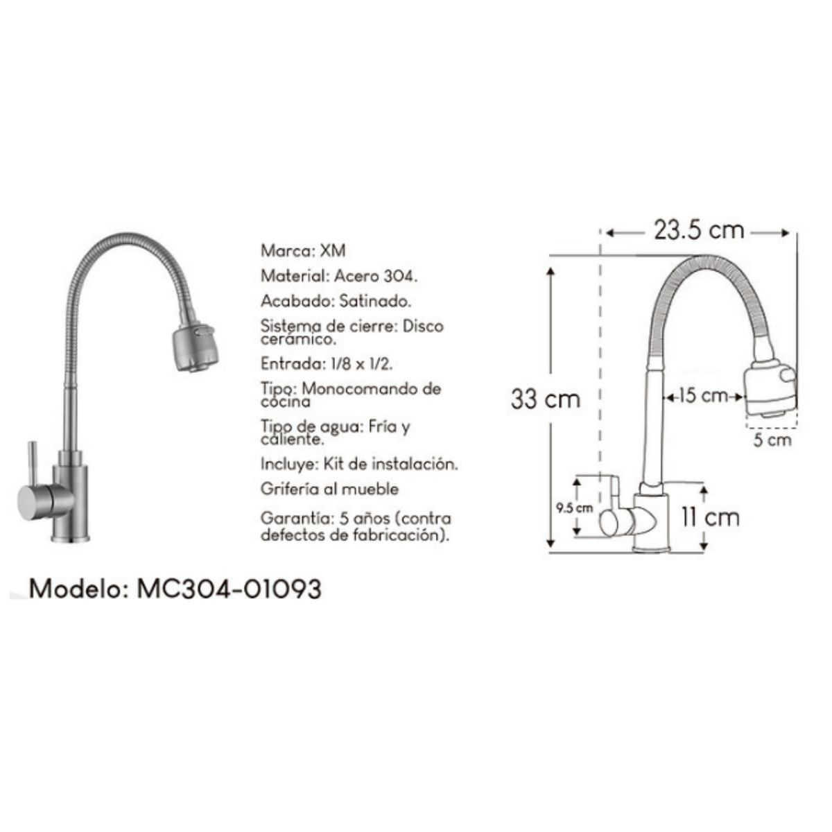 GENERICO - Mescladora tipo Ganso  para Cocina en Acero 304 Satinado