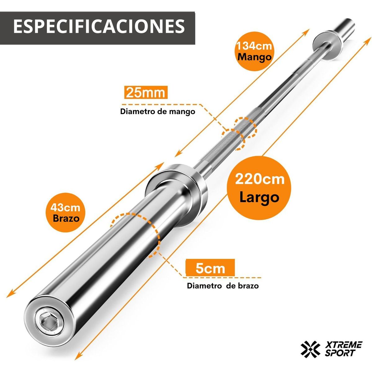 XTREME SPORT - Barra Olimpica de 20 kg 220cm +Seguros