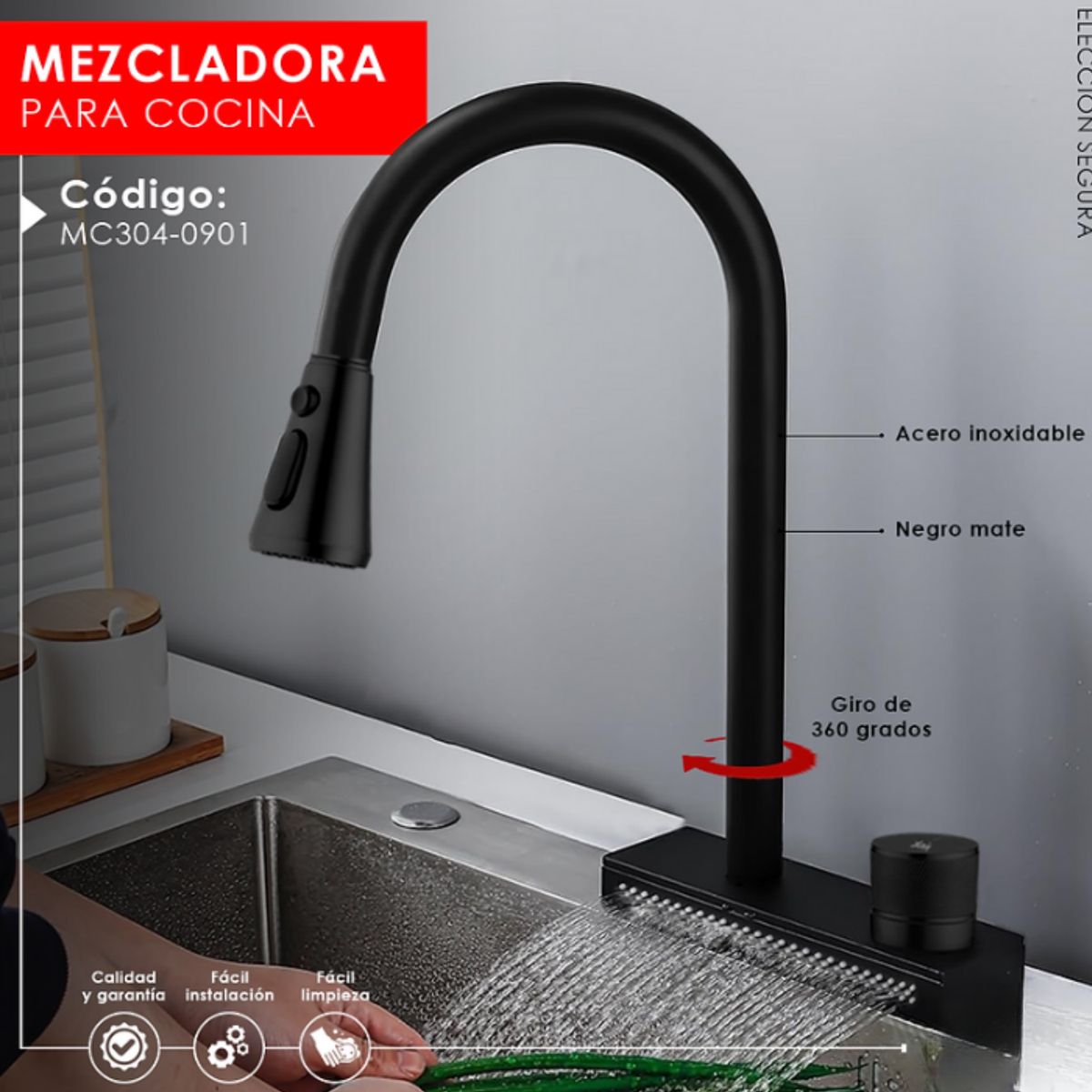 GENERICO - Mescladora tipo Ganso  para Cocina en Acero Inoxidable Negro mate