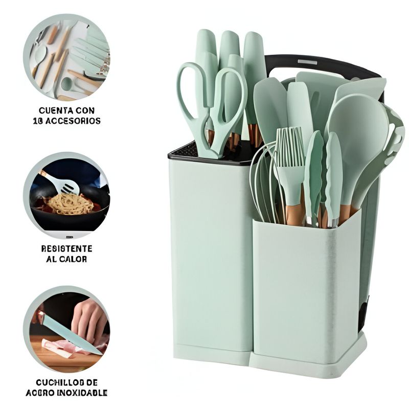 GENERICO - Set de Cucharones de Silicona para Cocina de 18 piezas- VERDE