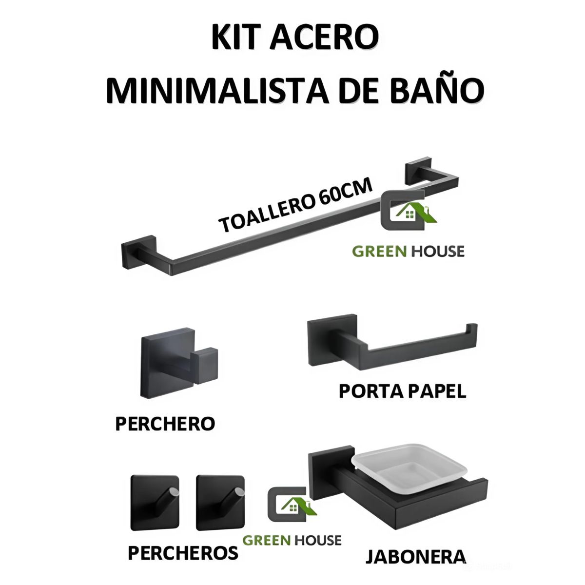 GREEN HOUSE - KIT DE BAÑO EUROPÉO ACERO INOXIDABLE CUADRADO