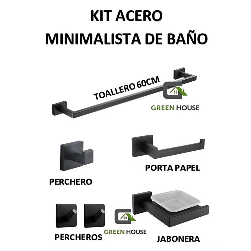 GREEN HOUSE - KIT DE BAÑO EUROPÉO ACERO INOXIDABLE CUADRADO