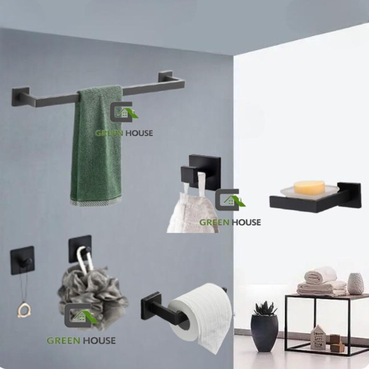 GREEN HOUSE - KIT DE BAÑO EUROPÉO ACERO INOXIDABLE CUADRADO