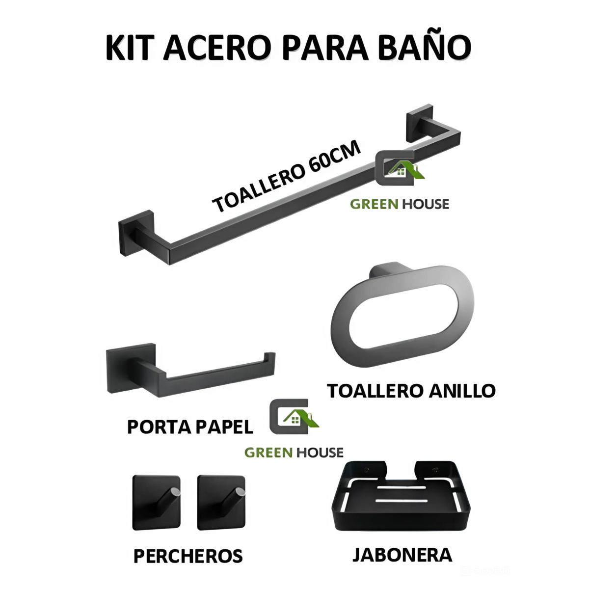 GREEN HOUSE - KIT DE BAÑO ACERO INOXIDABLE NEGRO MATE