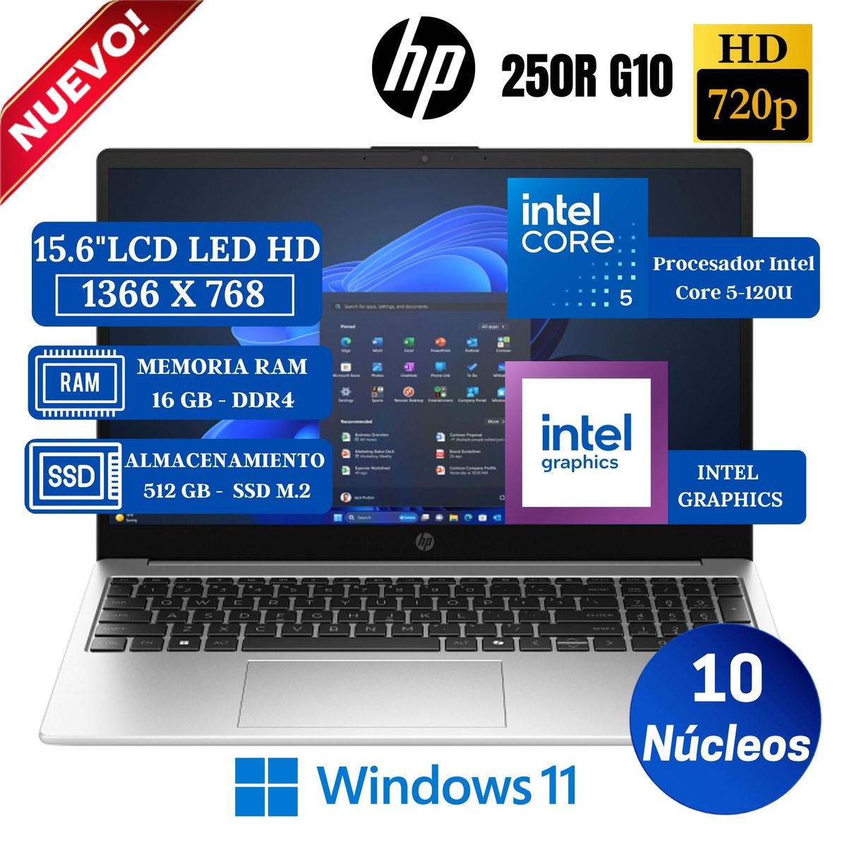 HP - Laptop HP 250R G10 15.6" LCD LED HD, Core 5-120U, Ram 16GB, SSD 512GB, Win 11