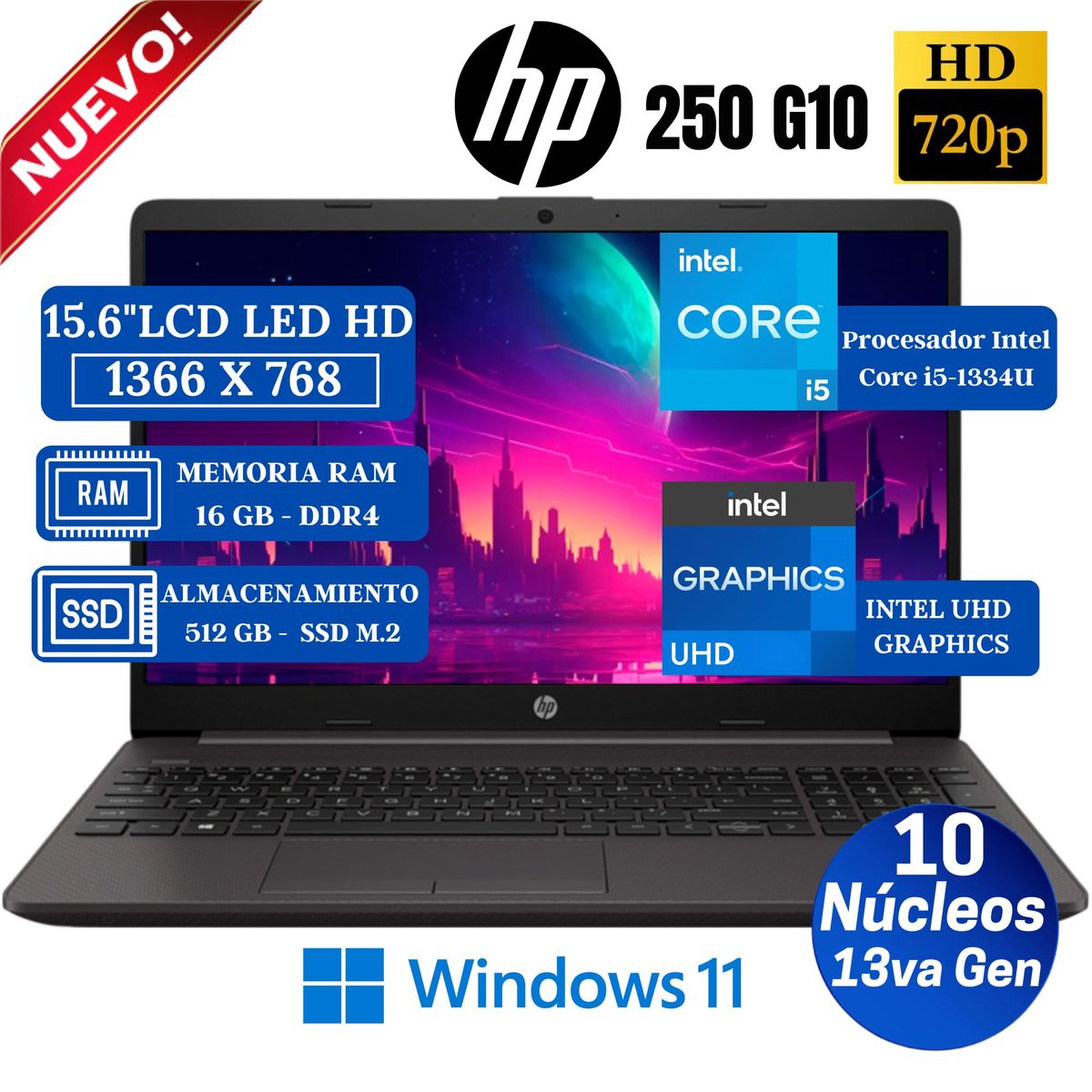 HP - Laptop HP 250 G10 15.6" LCD LED HD, Core i5-1334U, 13va Gen, Ram 16GB, SSD 512GB, Win 11