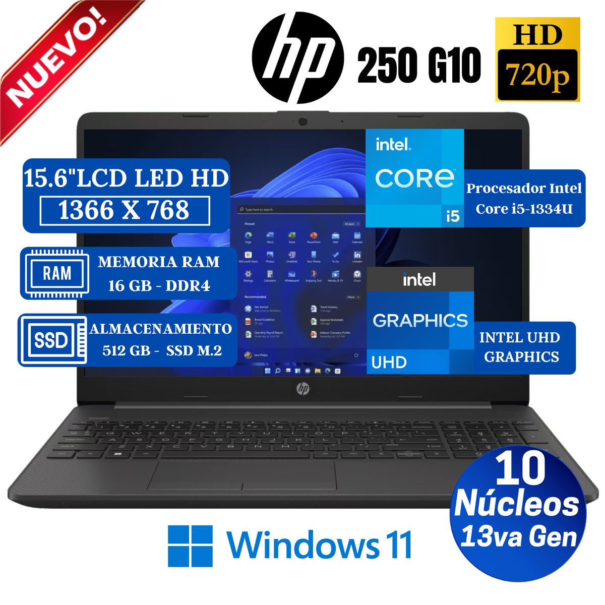 HP - Laptop HP 250 G10 15.6" LCD LED HD, Core i5-1334U, 13va Gen, Ram 16GB, SSD 512GB, Win 11