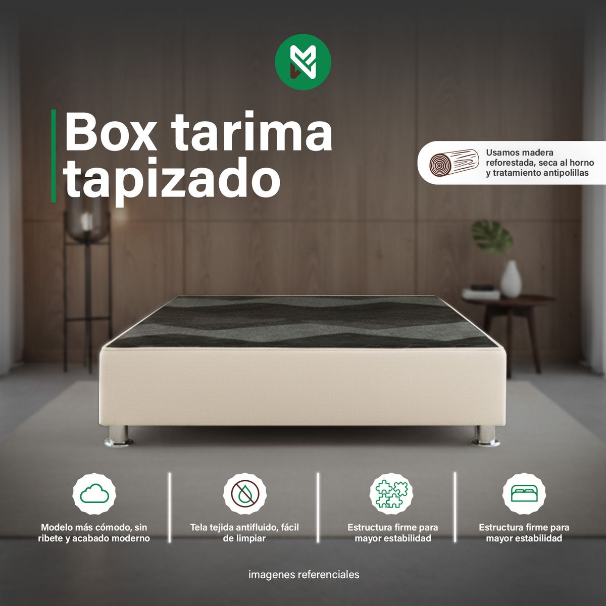 MUEBLES MACRUMO - Box Tarima reforzado y acolchado Queen Plz - Beige  Patas instaladas