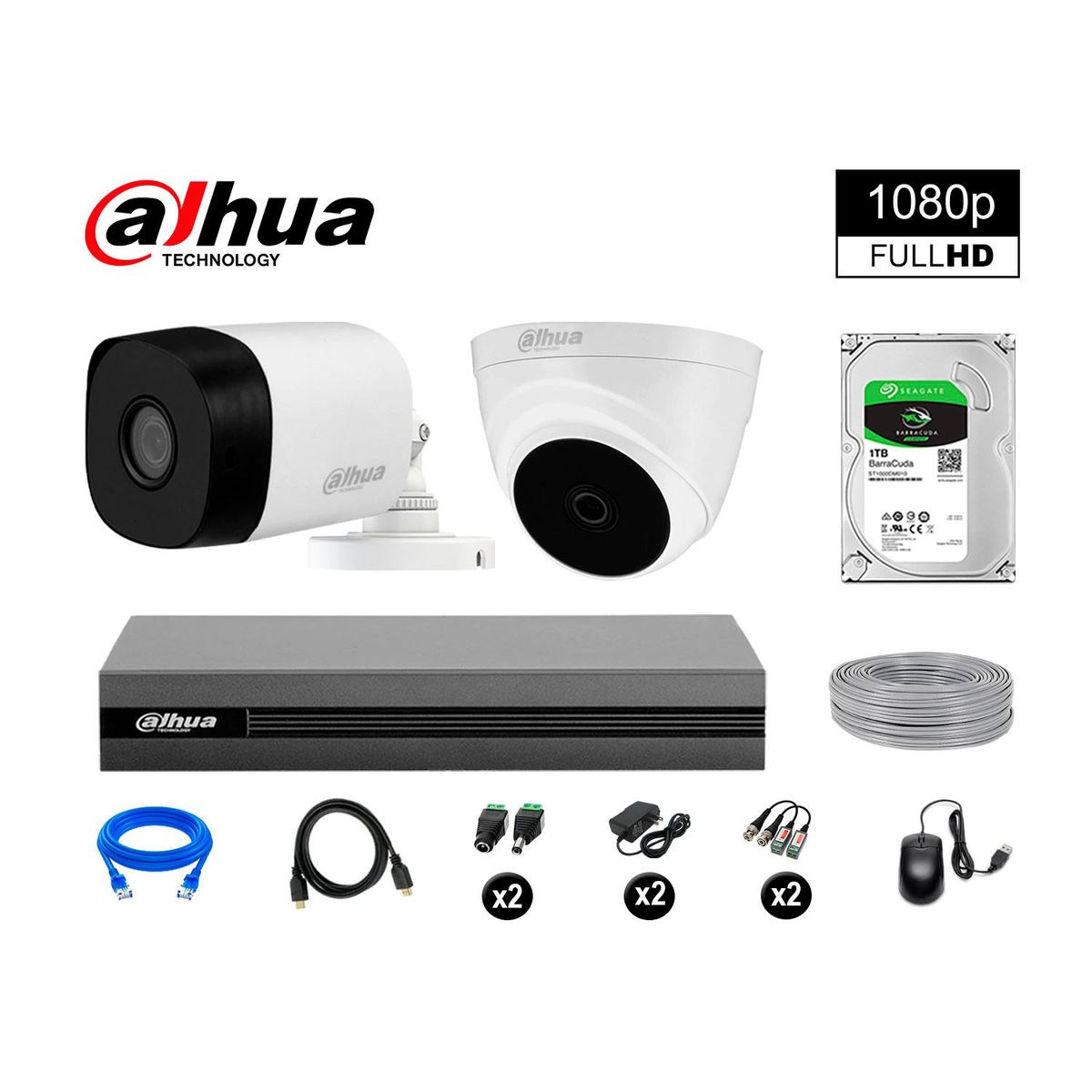 DAHUA - CÁMARAS SEGURIDAD DAHUA KIT 2 FULL HD 1080P + DISCO 1TB COMPLETO
