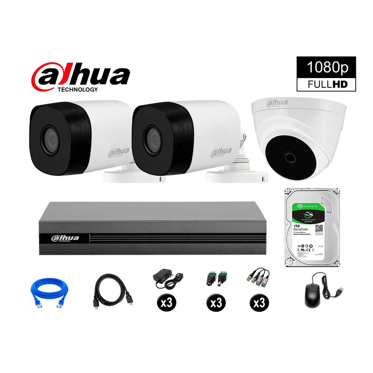 DAHUA - CÁMARAS SEGURIDAD DAHUA KIT 3 FULL HD 1080P + DISCO 1TB HDMI